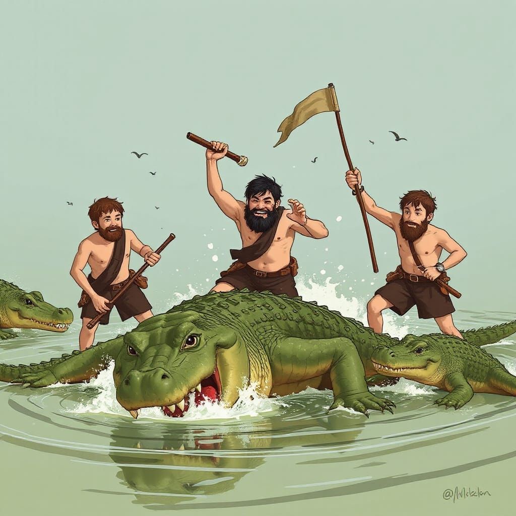Cowards Facing Crocodiles in Humorous Confrontation