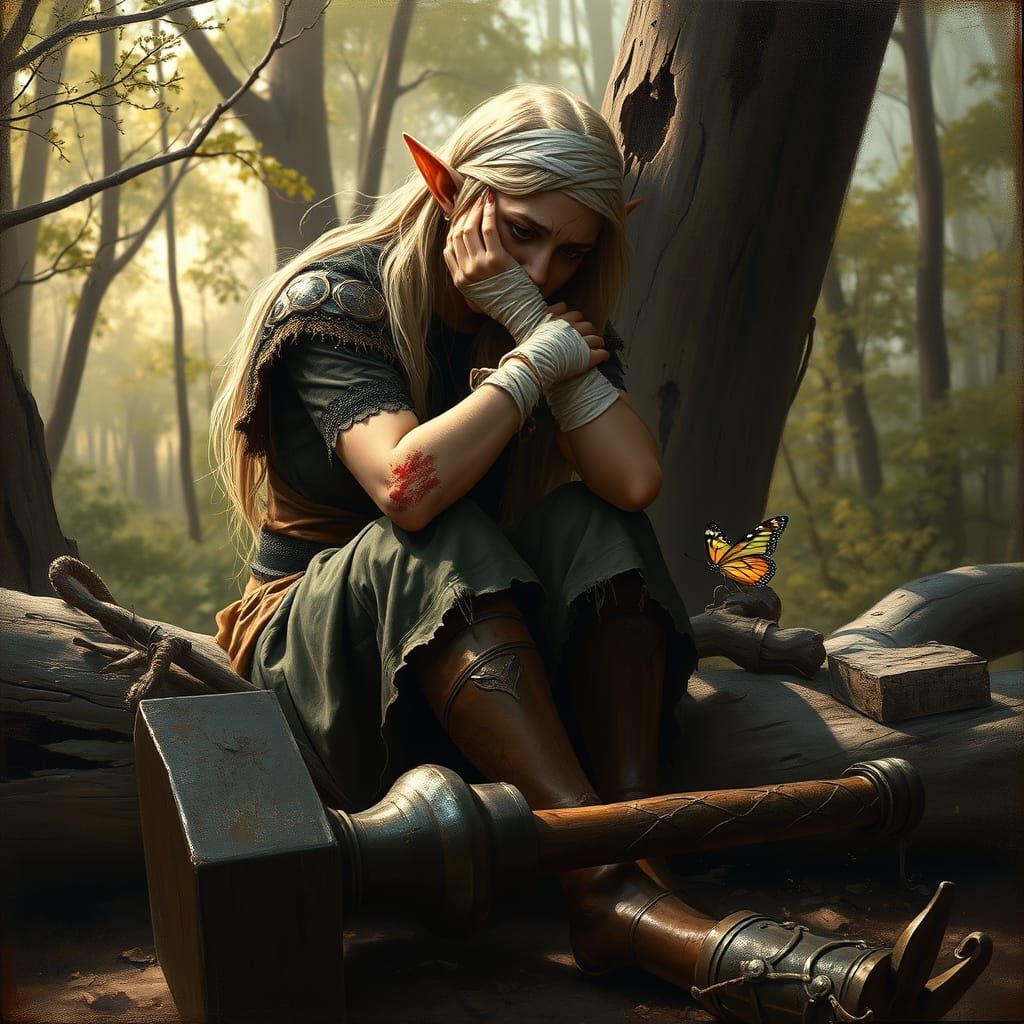 Sorrowful Elf Warrior in Tenebrism Oil Painting