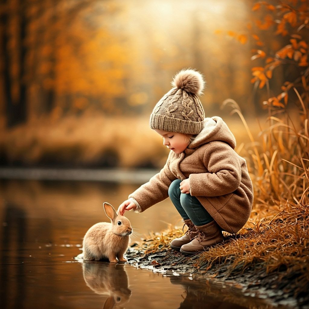 Child and Rabbit: Golden-Brown Oil Painting