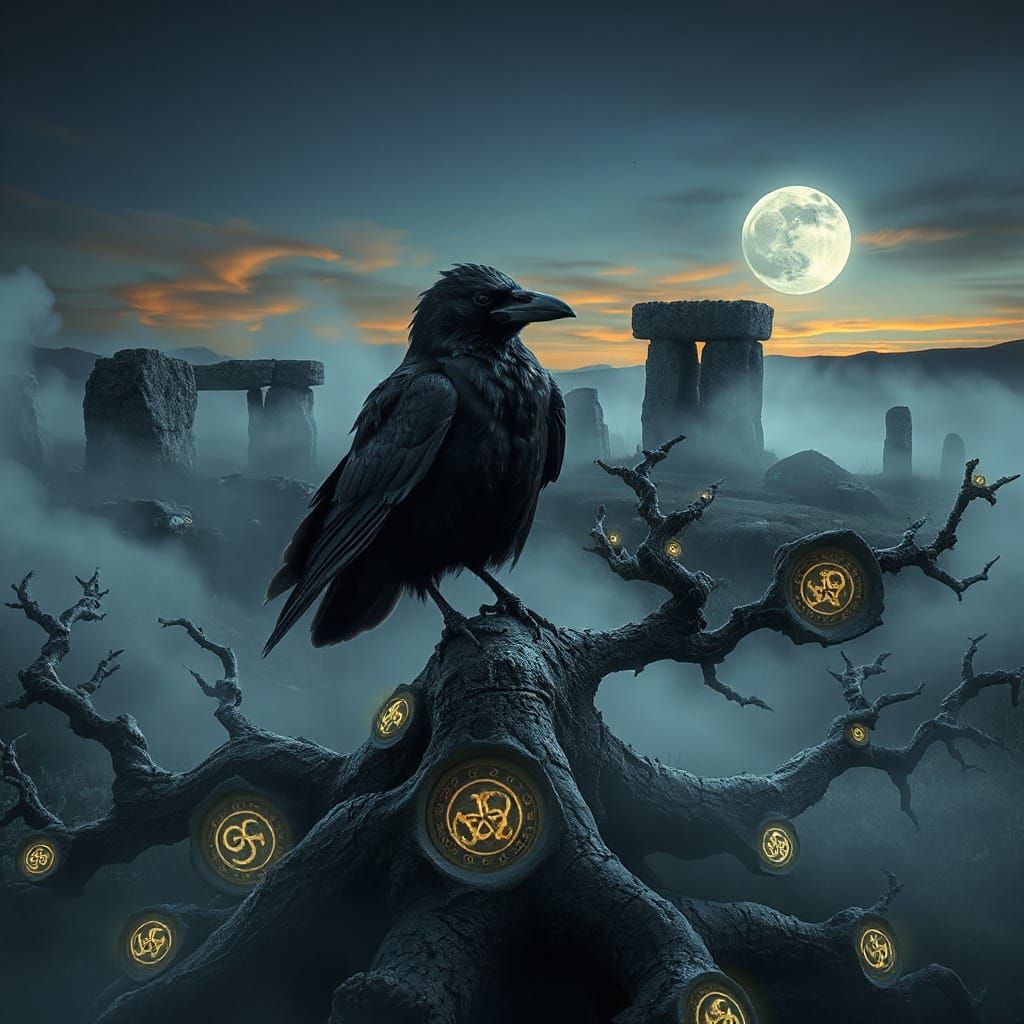 Raven in Celtic Twilight with Glowing Knotwork