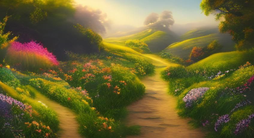 Enchanting Path Through a Wholesome Fantasy Landscape