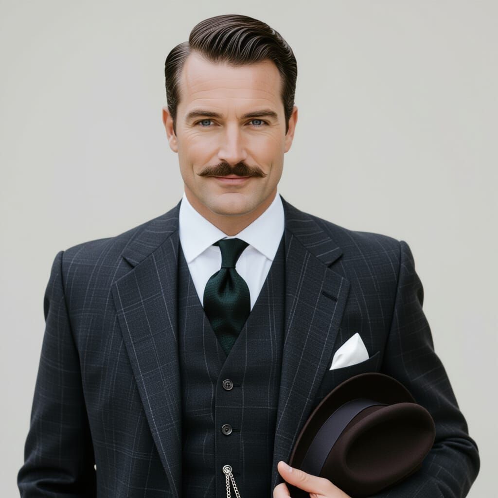 Charcoal Gray Suit Man with Fedora and Watch Chain