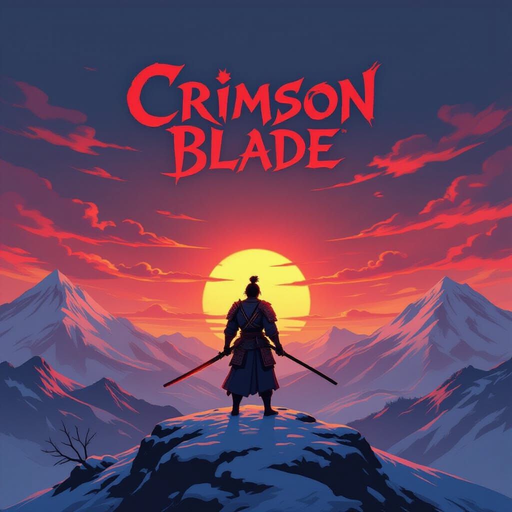 Samurai on Snowy Mountain with Fiery Sky, in Anime Style