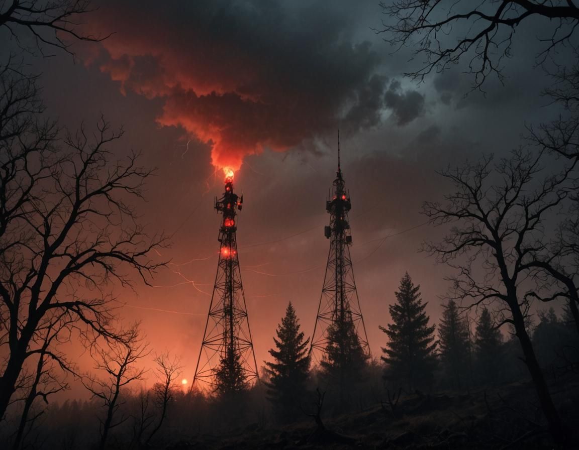 Eerie Radio Tower in Storm, Dark Fantasy Landscape