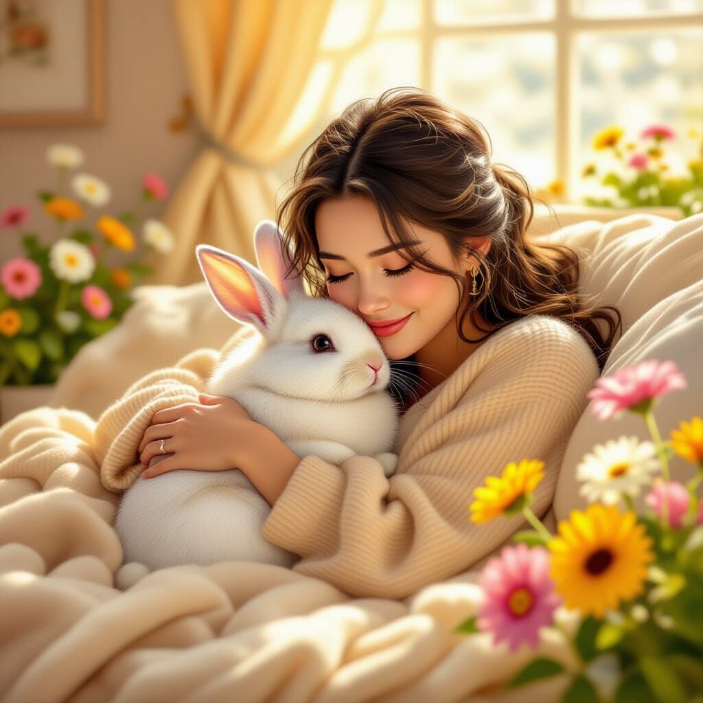 Woman and Rabbit Snuggle in Folk Art Style