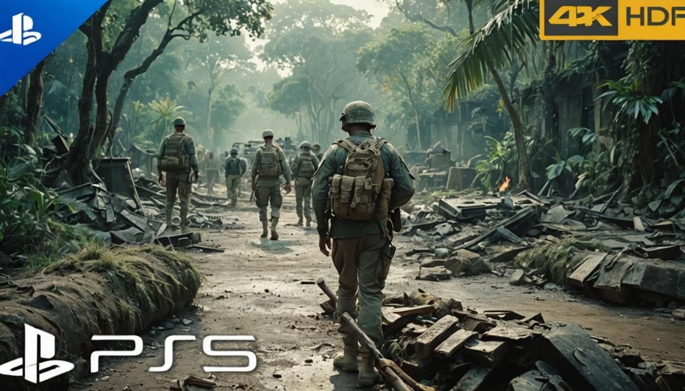 Worn US Soldier in Ruined Village: Cinematic War Still