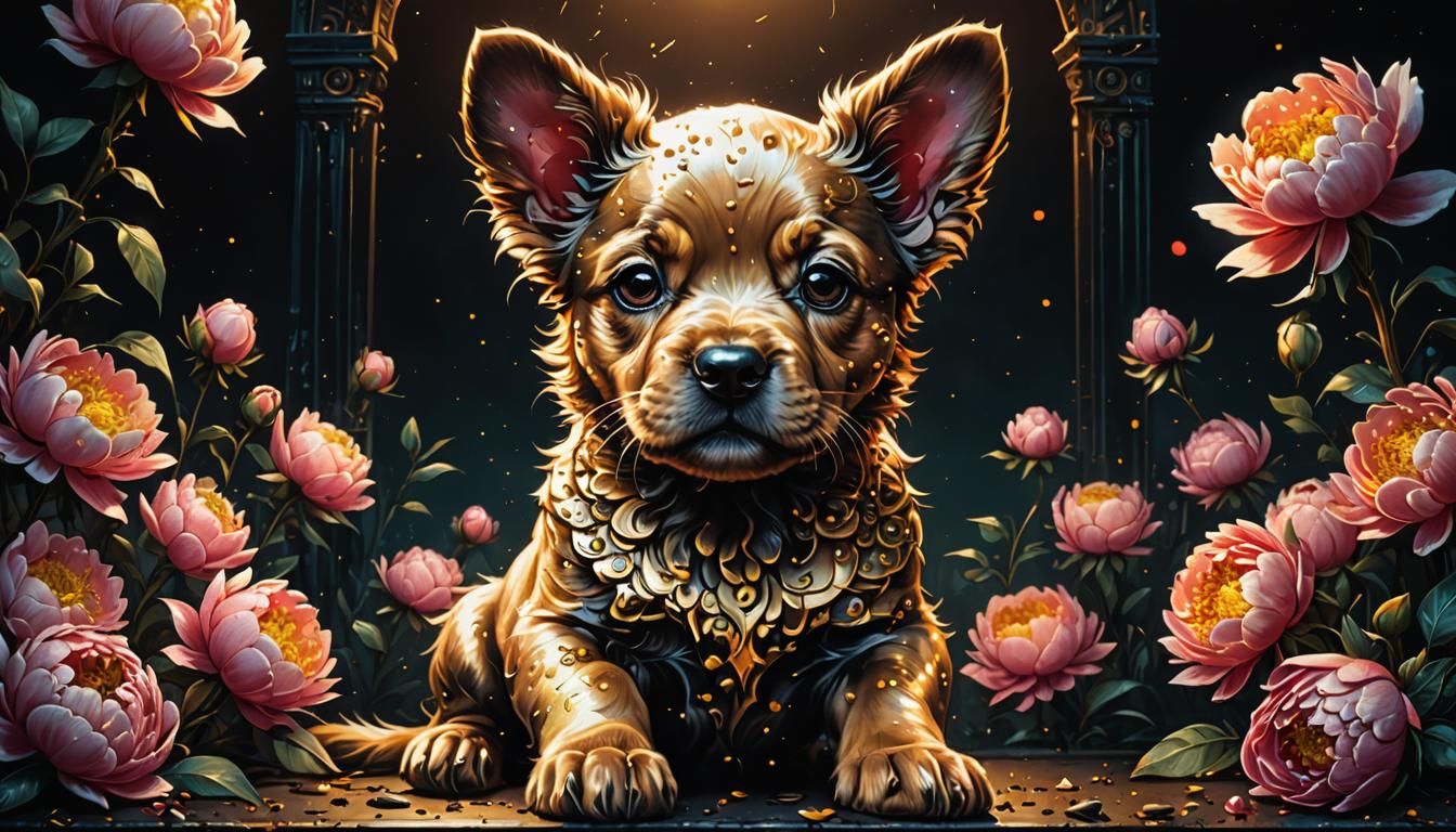 Grunge Puppy Portrait with Peonies in Film Aesthetic