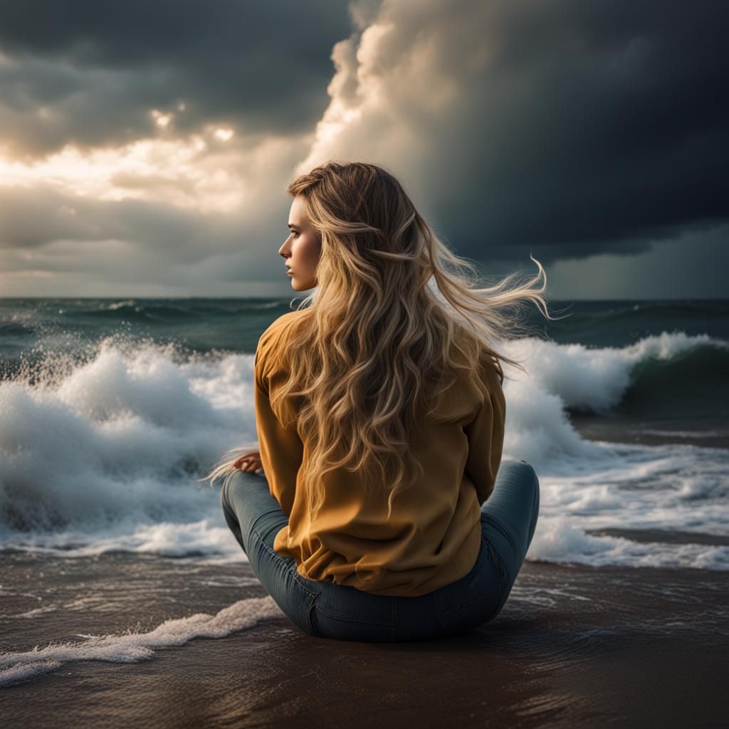 Girl on Stormy Seashore: Hyperrealistic Detailed Photo