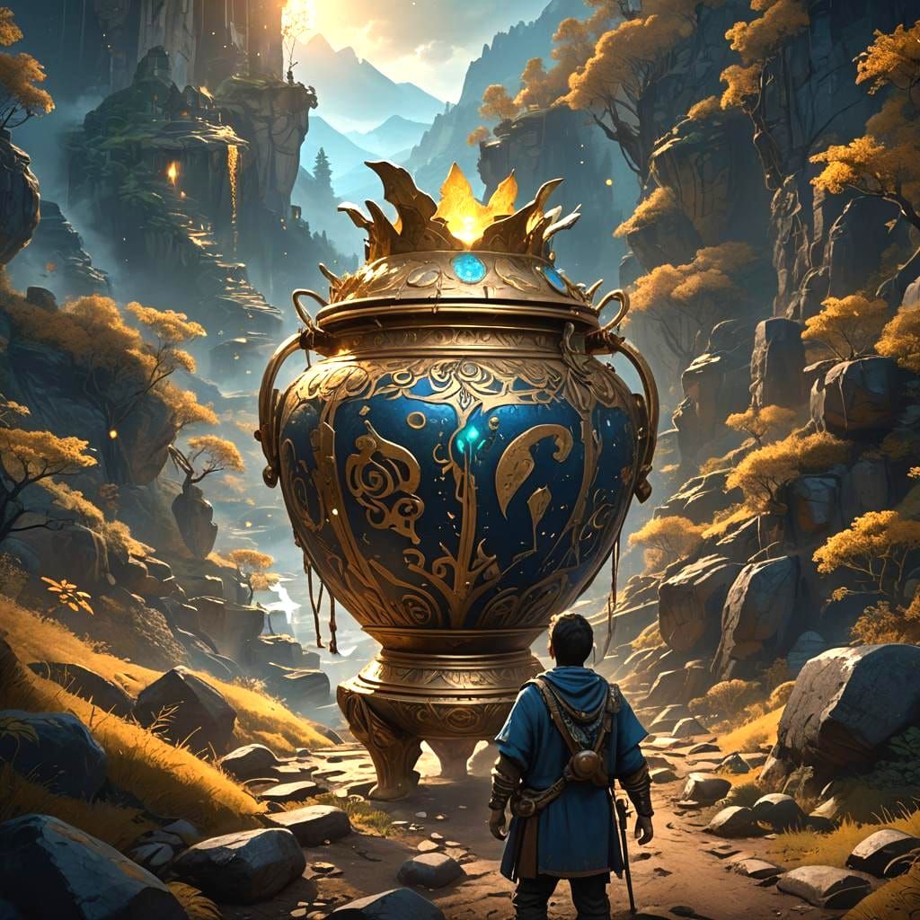 Mysterious Gold Pot in Ancient Forest: Fantasy Art