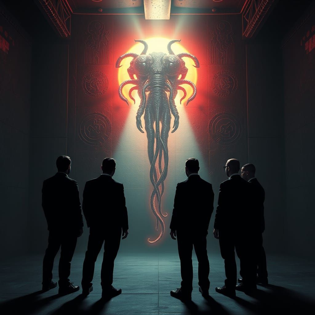 Men in Black Encounter Alien Artifact in Dark Futuristic Set...