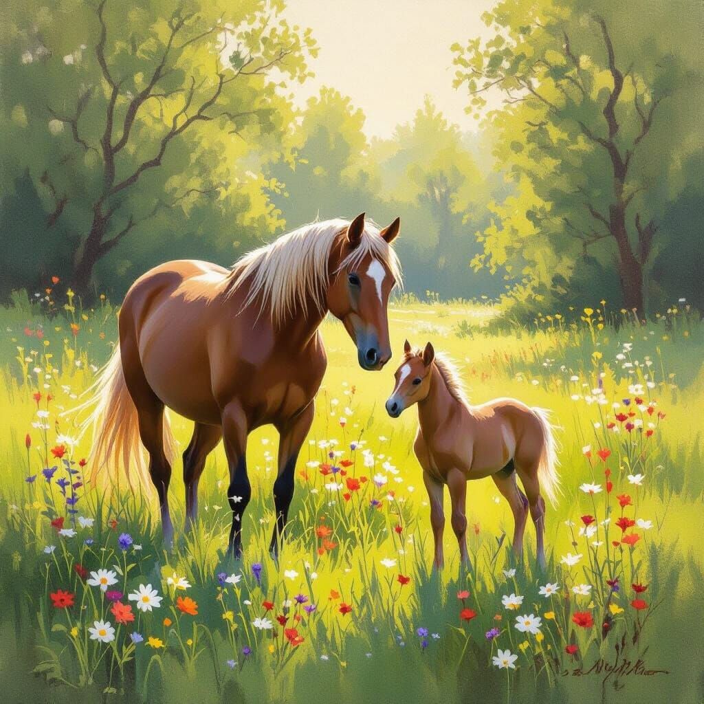 Mare and Foal in Meadow, Impressionist Style