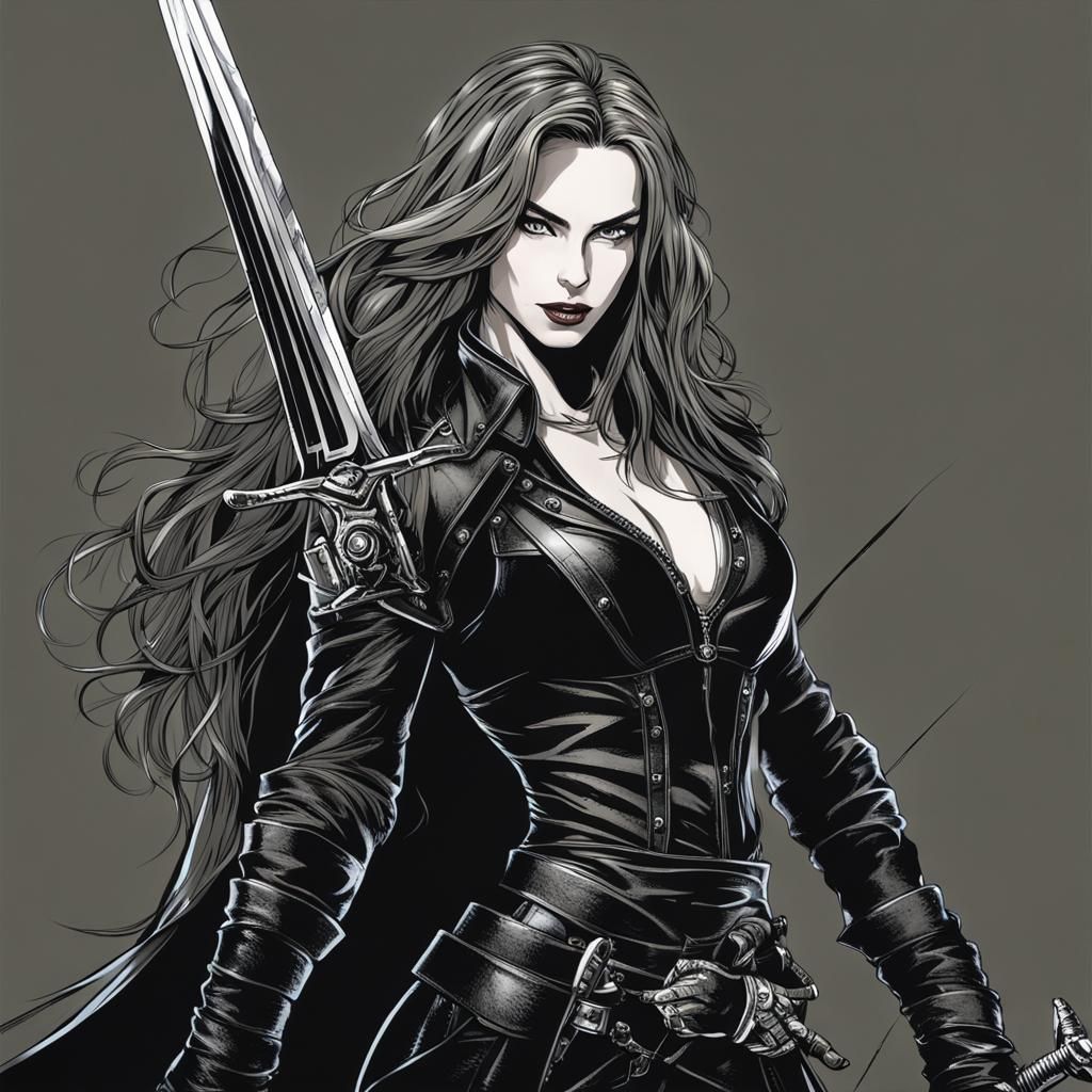Leather-clad Woman with Sword and Evil Smile