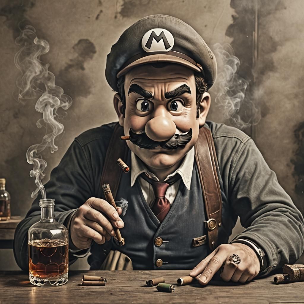 Super Mario Smoking Cigar and Drinking Whisky