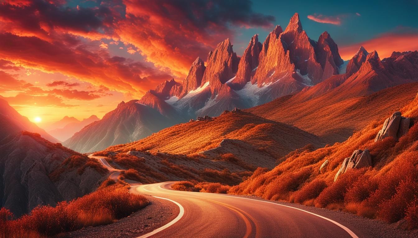 Majestic Mountain Road at Sunset in Cinematic Style
