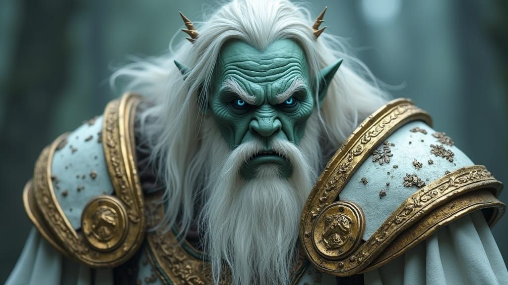 Albino Orc Warlock Warrior in White and Gold Armor