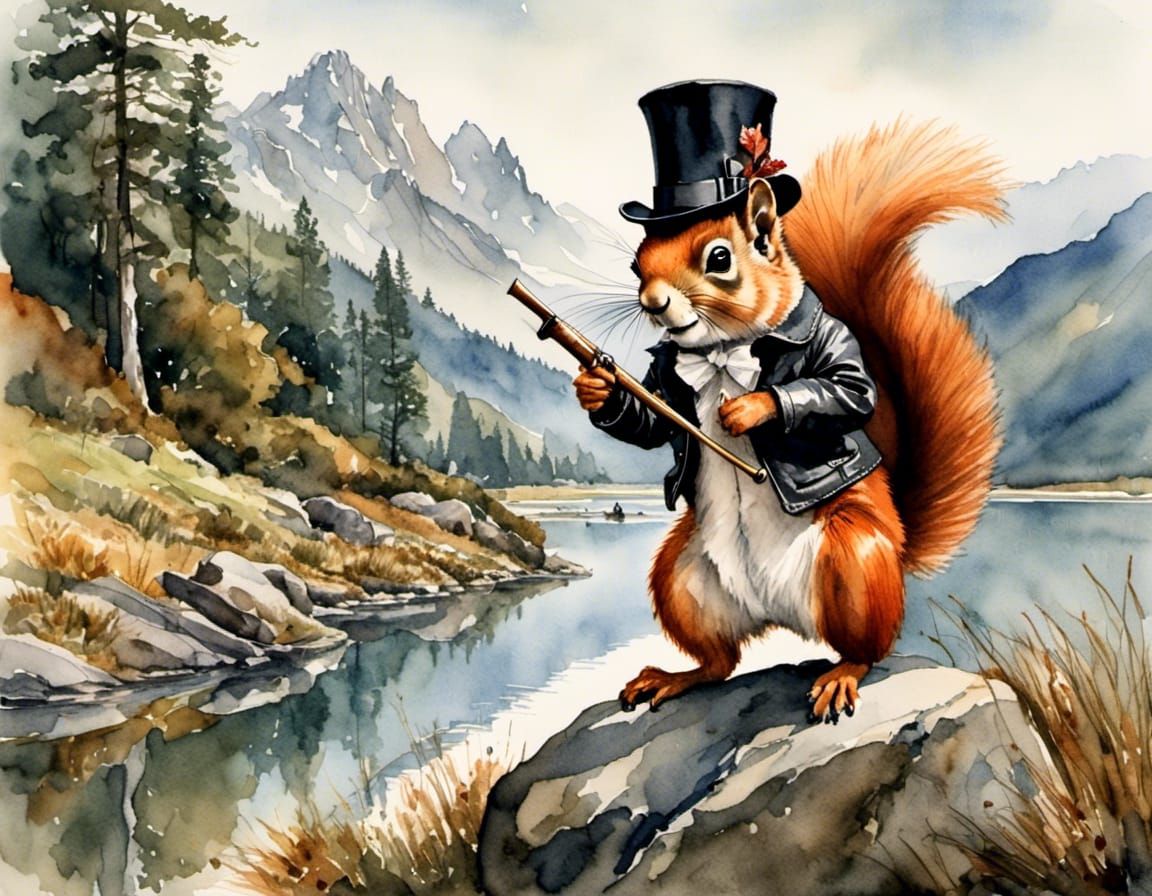 Adventuresome Squirrel with Bugle on Mountain Lake
