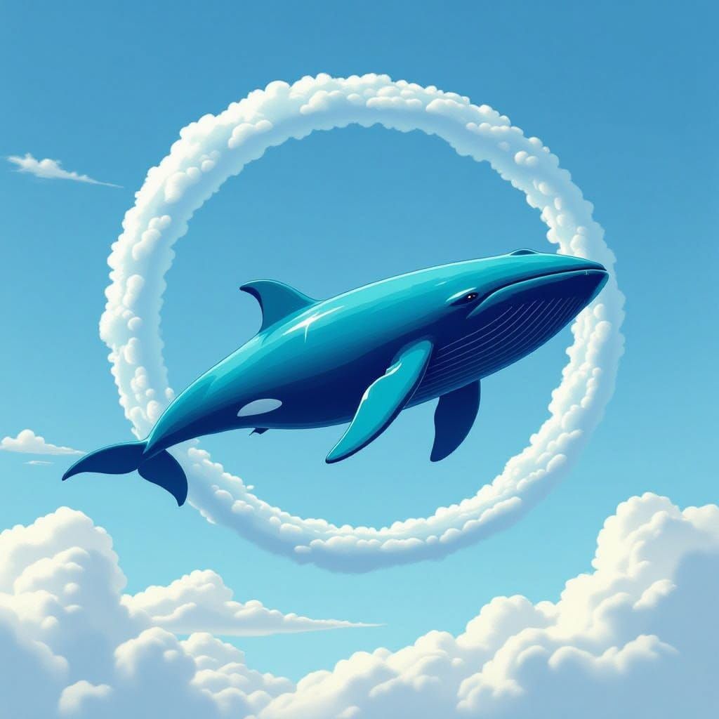 Surreal Blue Whale with Wings Soars Through a Cloudy Sky