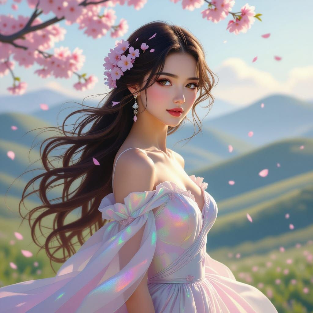 Whimsical Woman with Cherry Blossoms in Art Nouveau & Y2K St...