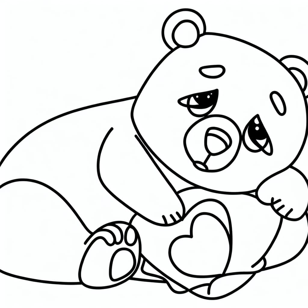 Sleepy Bear Cuddling Heart Pillow in Line Art