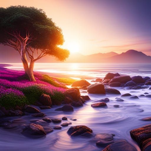 Unicorn and Violets at Beach Sunset in Fantasy Art