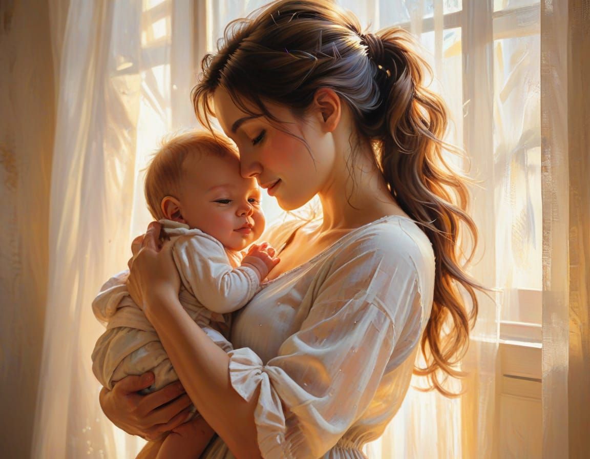 Warm Oil Painting of Person Holding Baby