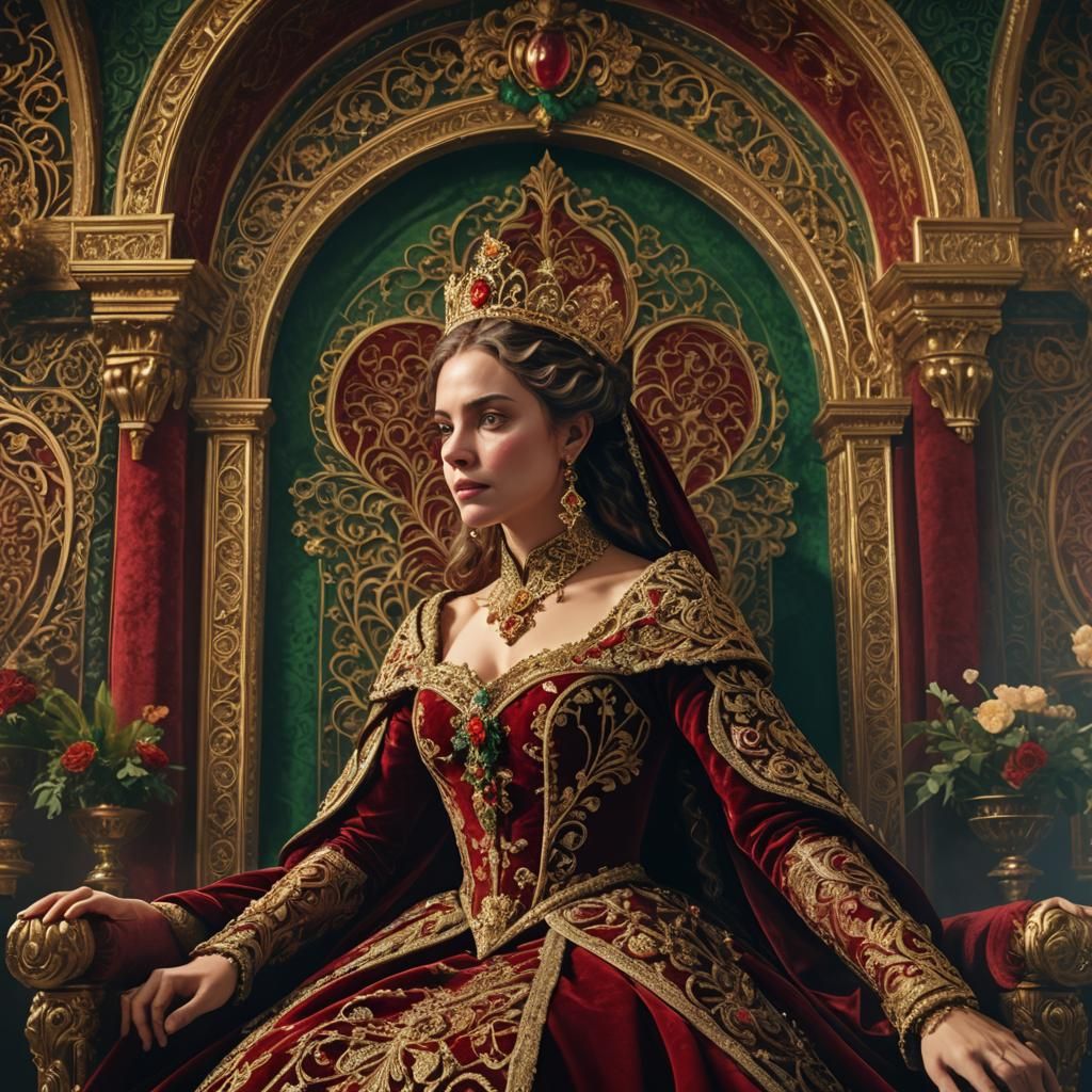 Regal Queen in Ornate Throne Room: Fantasy Concept Art