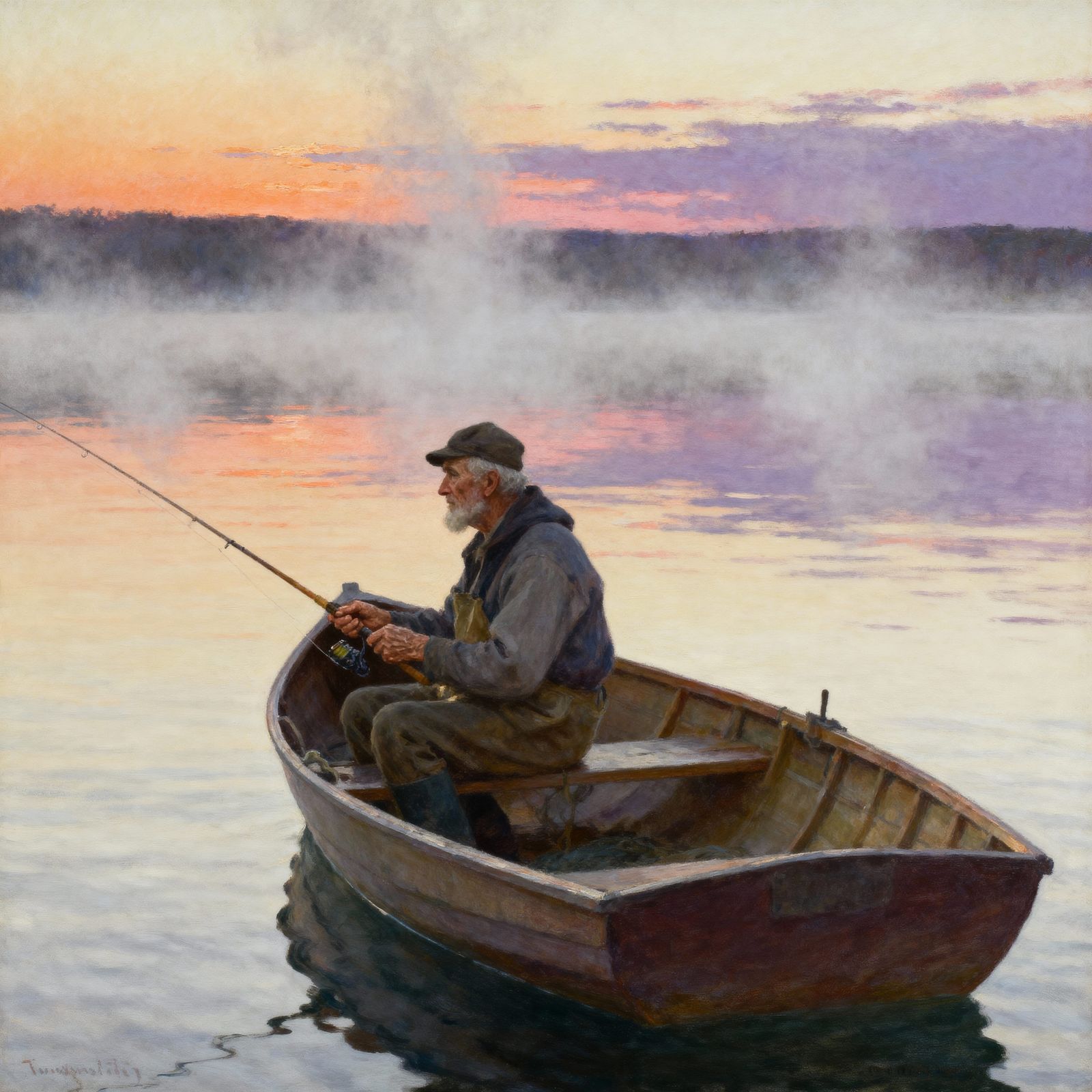 Elderly Fisherman at Dawn in Serene Oil Painting