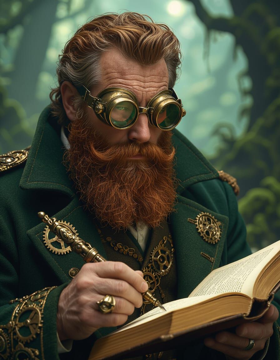 Steampunk Portrait of Man Reading in Mystical Forest