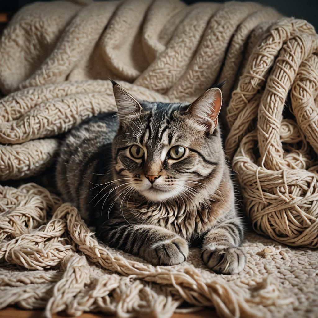 Cozy Cat with Yarn: Cinematic Film Still