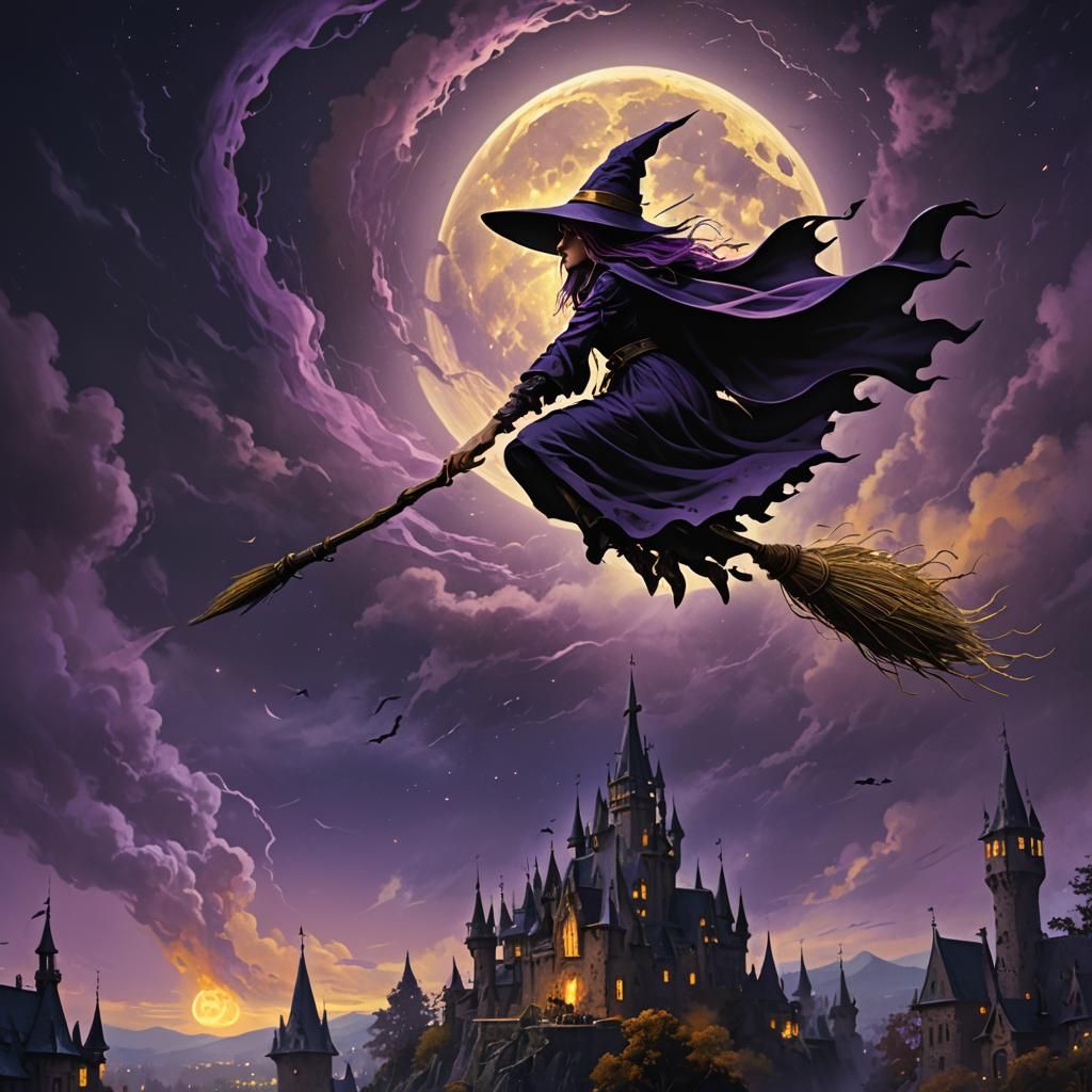 Witch Flying on Broom in Dark Fantasy Art