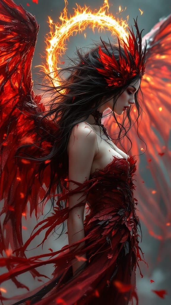 Ian McCaig Photorealism, professional photography : a "Vividly enchanting dark haired goth fallen angel with blood fur w...