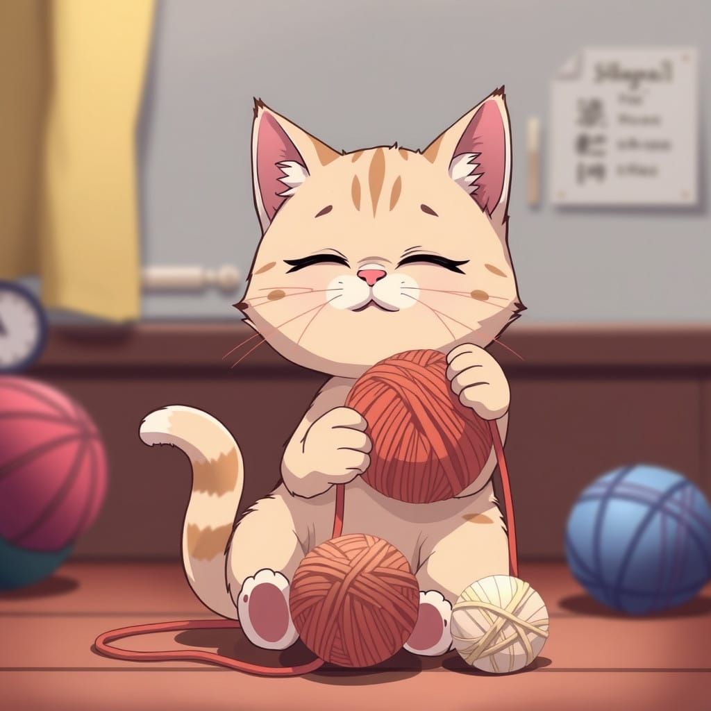 Cute Chibi Cat Plays with Yarn in Anime Style