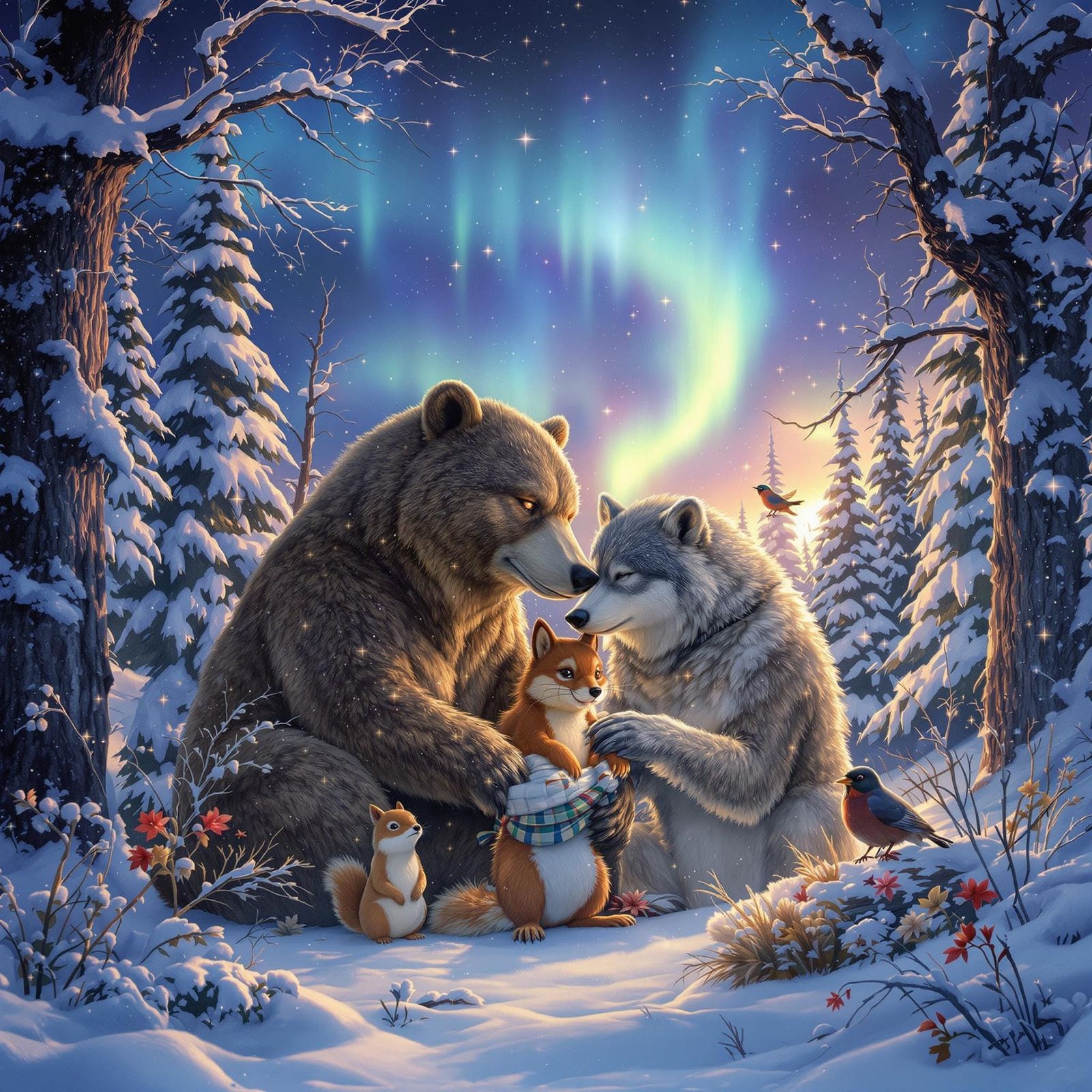 Animals Share Warmth Under Aurora Borealis