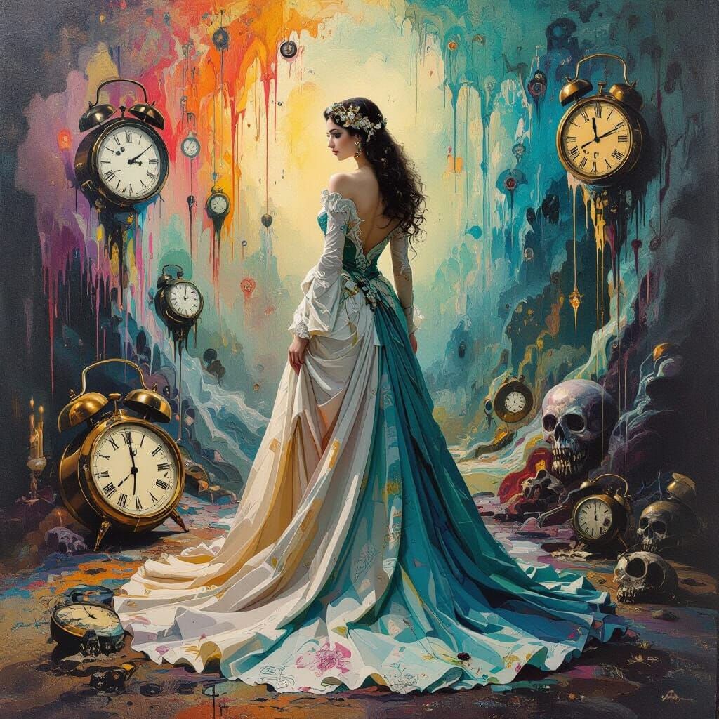 Surreal Woman with Melting Clocks in Dreamlike Realm