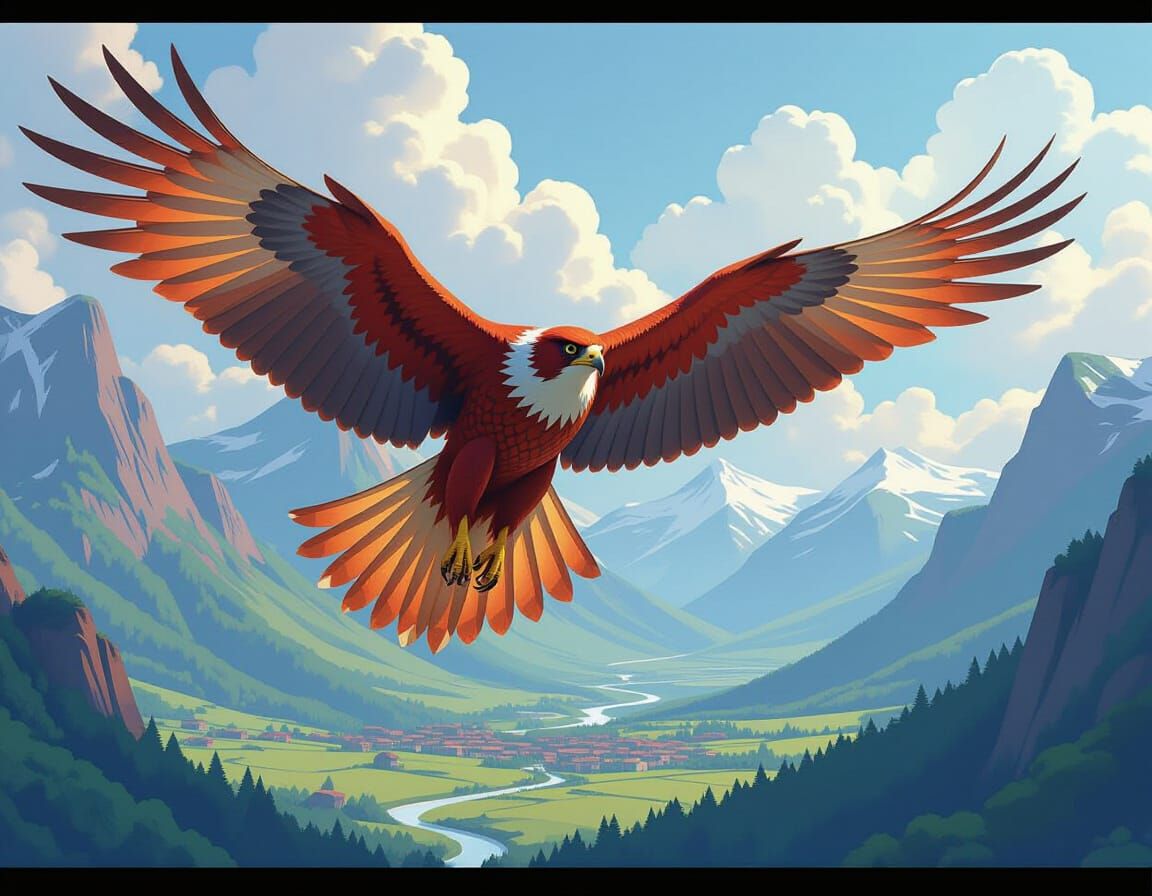 Red Falcon in Flight: Epic Fantasy Landscape