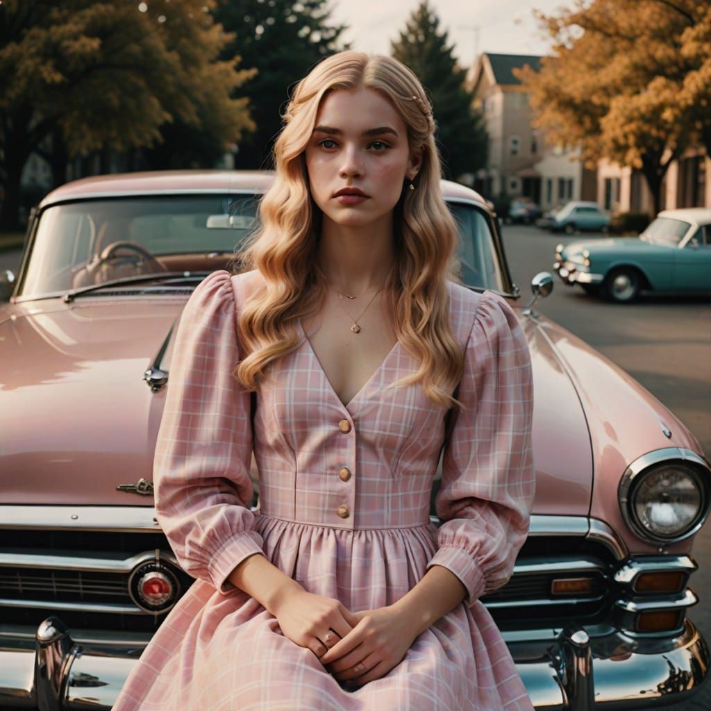 Androgynous Figure in Plaid Minidress Poses on Vintage Car