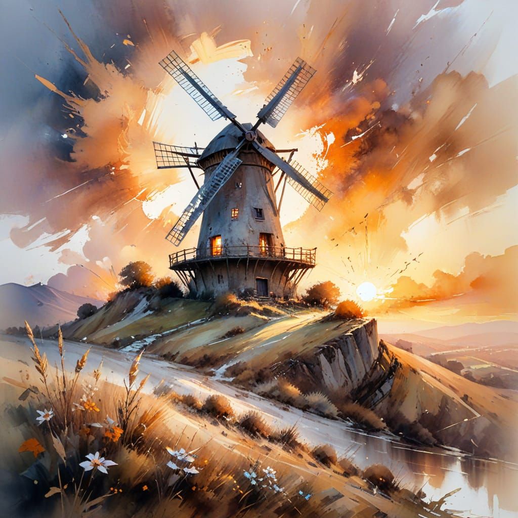 Windmill on Hill in Watercolor Style Sunset