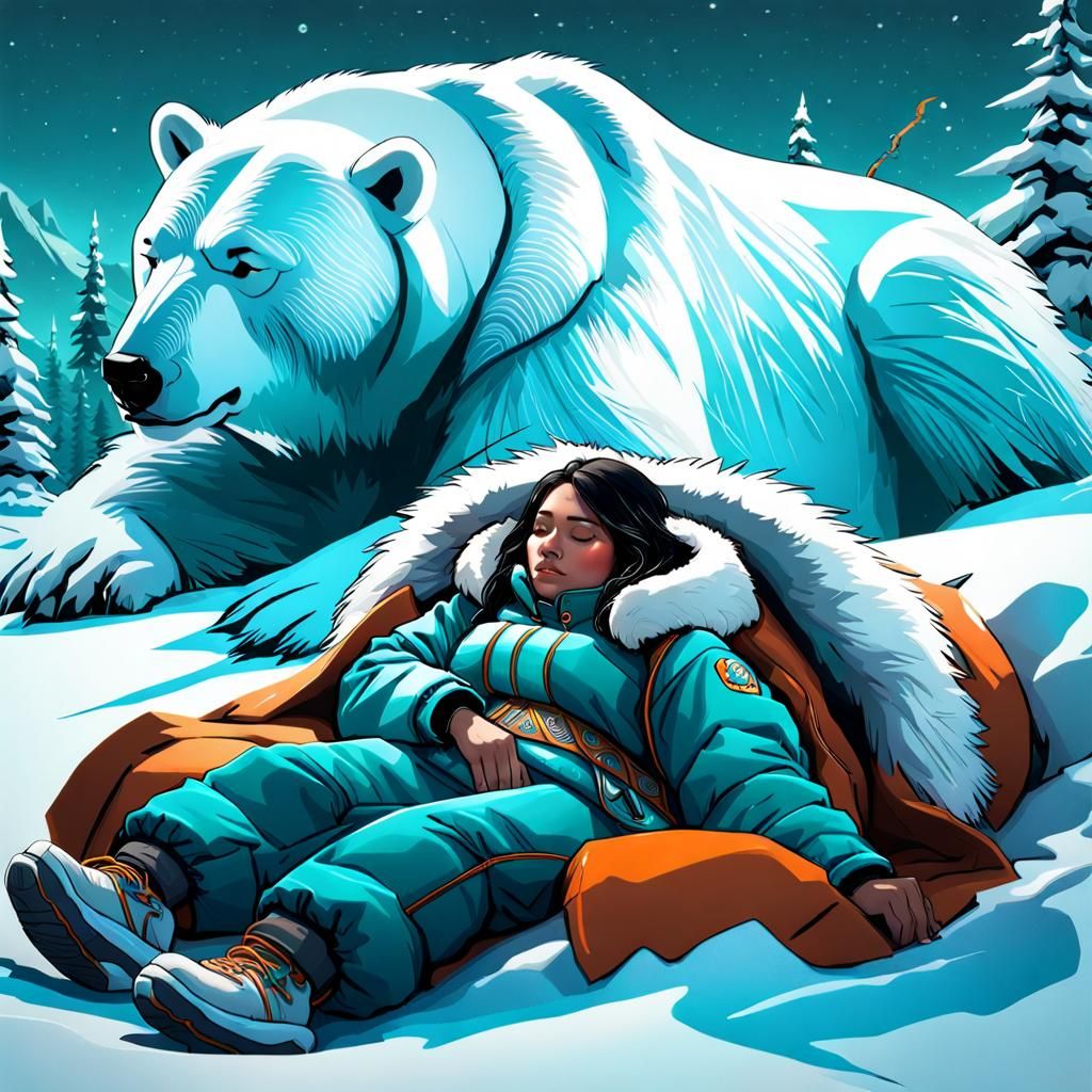 first nations girl with her pet polar bear