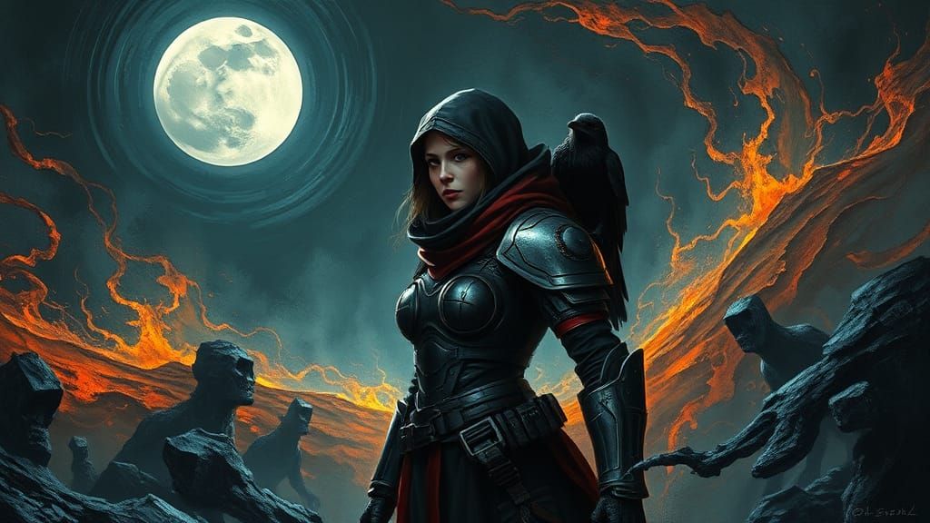 Sci-fi Witch and Raven in Surreal Alien Landscape