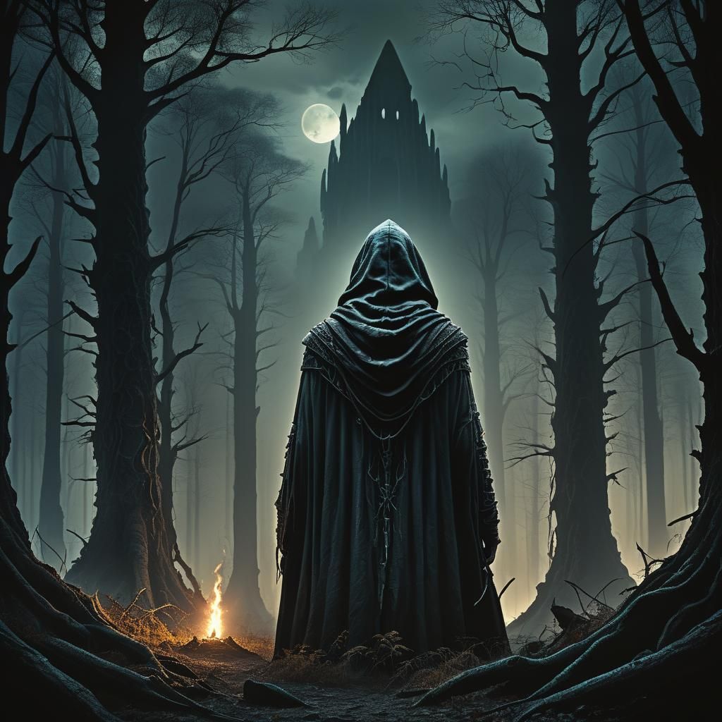 Mysterious Hooded Figure in Dark Fantasy Forest