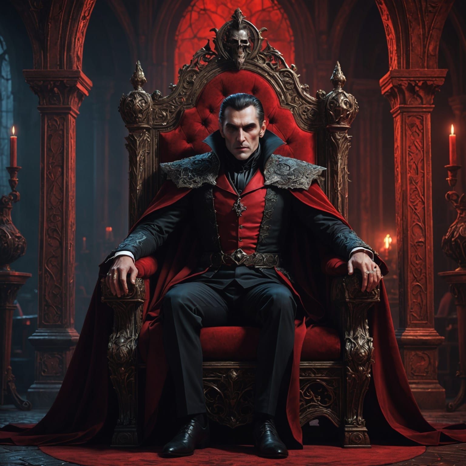 Count Dracula on Throne with Girl, Detailed Matte Painting