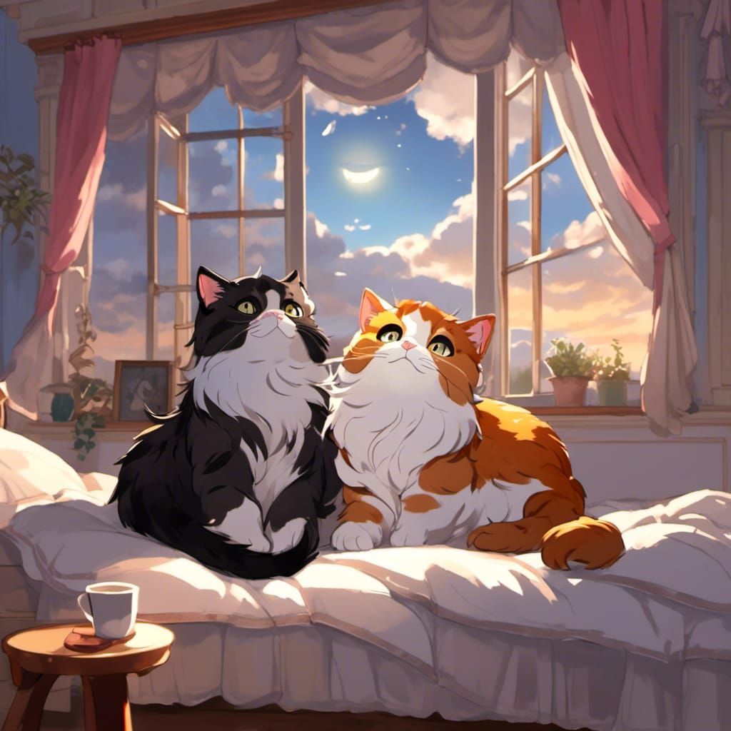 Anime Cats in Cozy Bed Say Goodnight