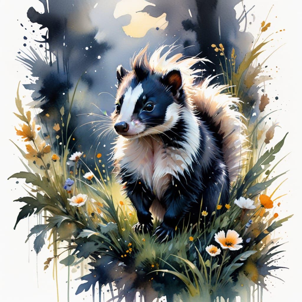 Striped Skunk in Moonlit Meadow, Watercolour Style