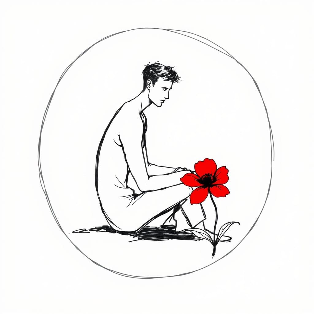 Minimalist Sketch of Man Admiring Red Flower