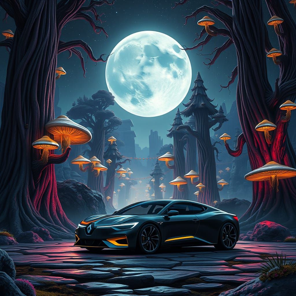 Sleek Futuristic Car Parked in Neon-Lit Fantasy Metropolis