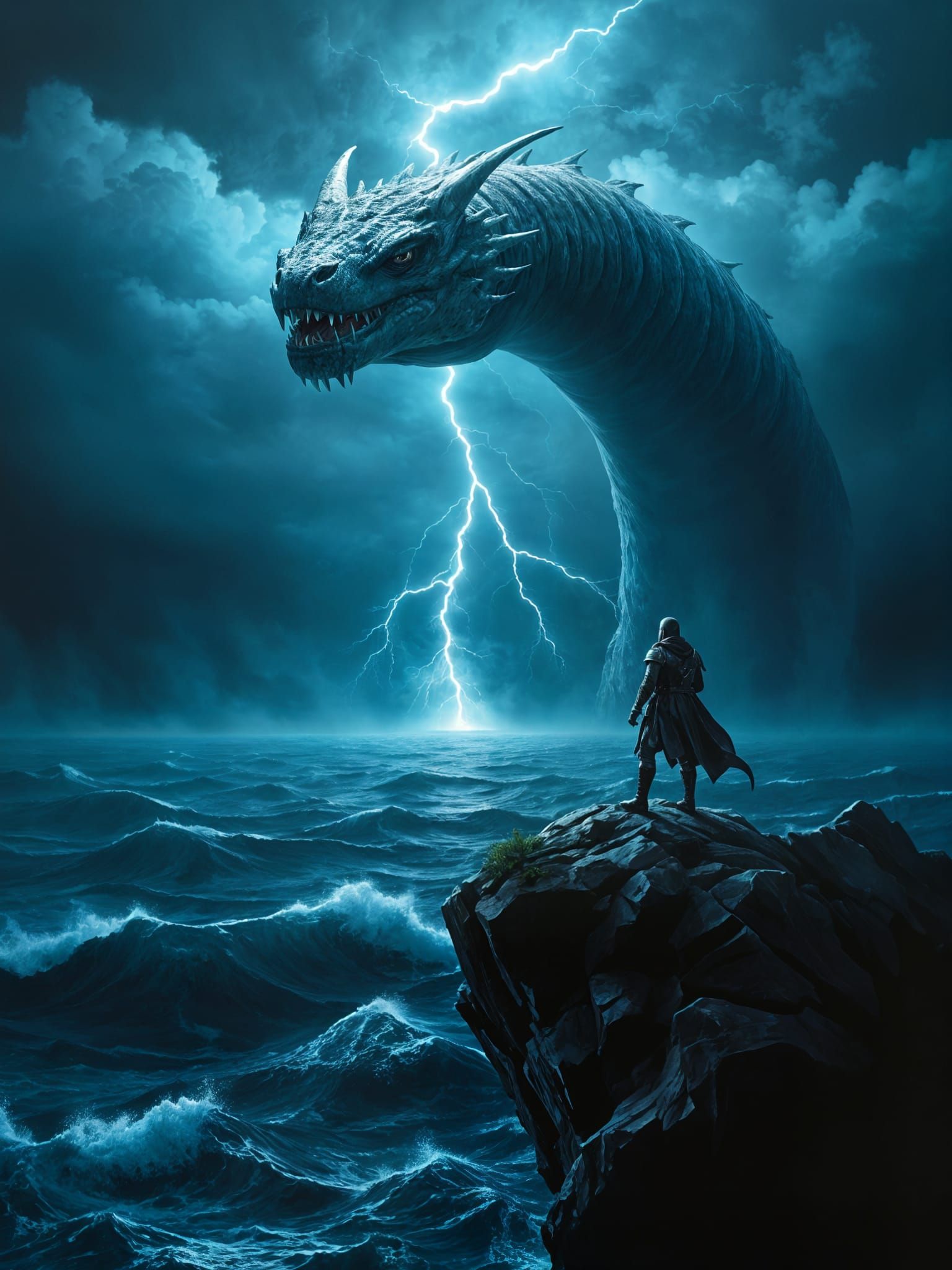 Knight Confronts Jormungandr in Oil Painting Style