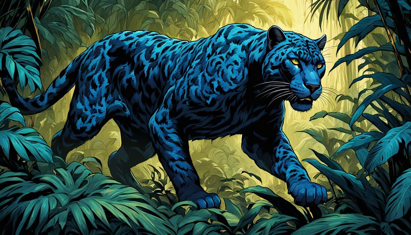 Blue Panther Stalks Jungle in Comic Book Style
