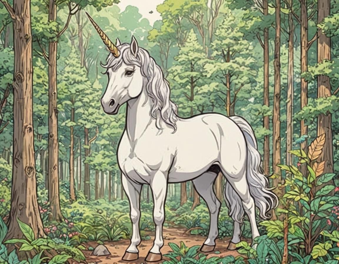 Unicorn Coloring Page in Forest, Anime Style