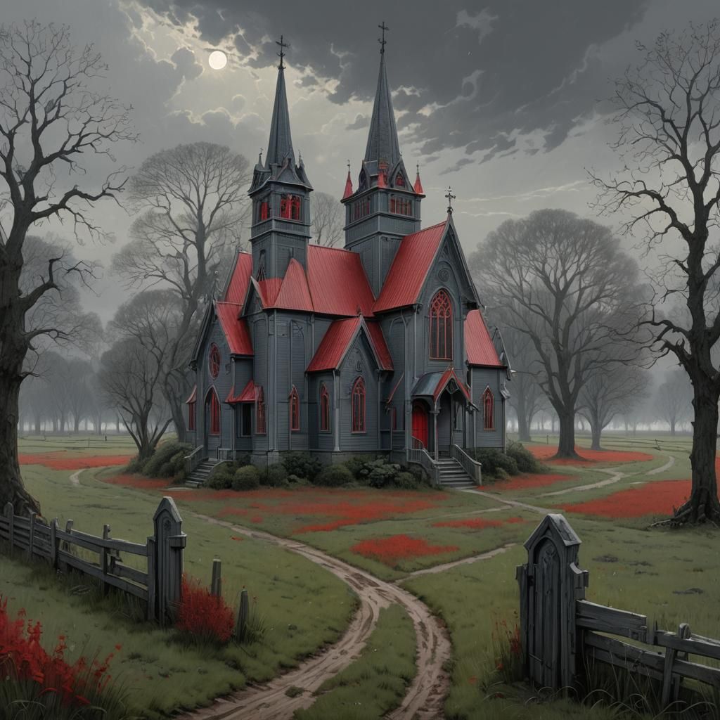 Victorian Gothic Chapel with Red Door in Field