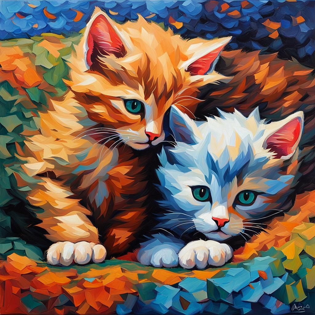 Neo-Impressionist Kittens in Expressionist Oil Painting